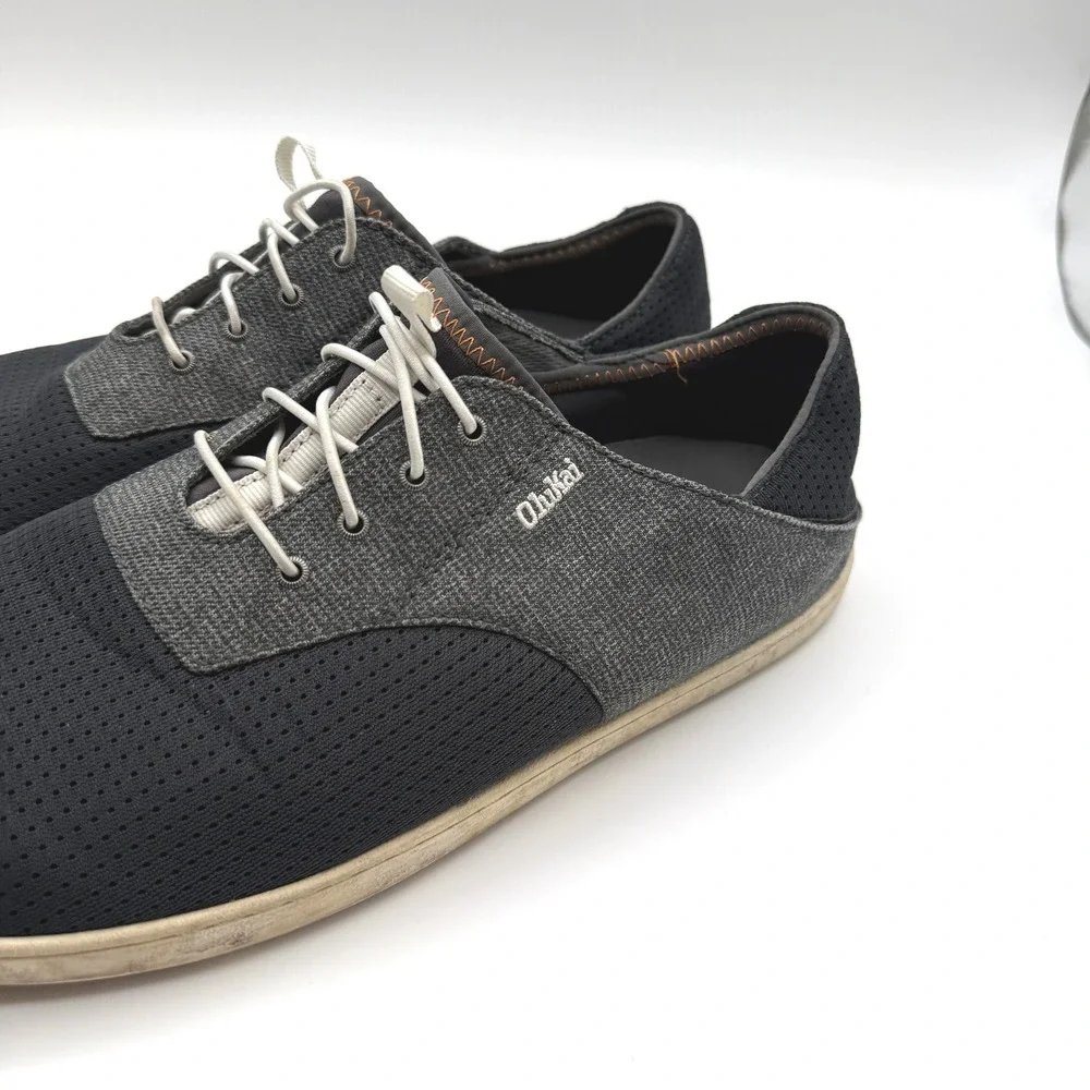 OluKai Nohea Moku Mens Sneakers 10 Black Gray Mesh Boat Shoe Slip On Drop Heel